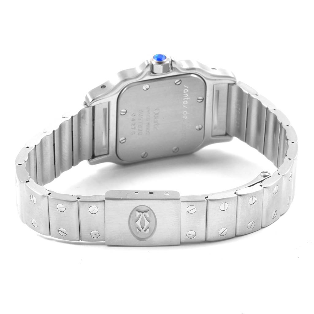 This image shows the back view of the Santos model watch by Cartier, highlighting its case back and bracelet.