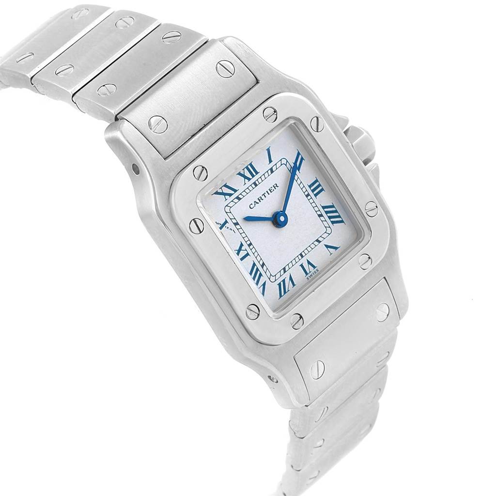 This image shows a three-quarter view of the Cartier Santos 04278 Women's Silver Dial 04278 Women's Silver Dial watch, highlighting its face, bracelet, and Roman numeral markers.
