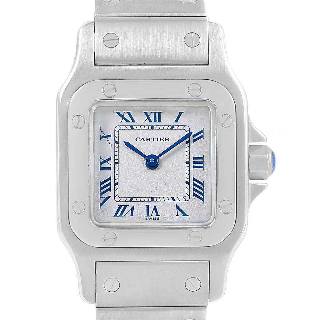 This image shows a frontal view of a Cartier Santos 04278 Women's Silver Dial 04278 Women's Silver Dial watch, highlighting its face, bezel, and part of the bracelet.