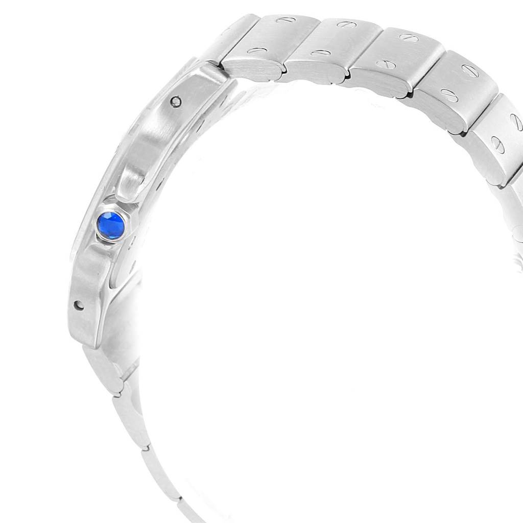 The image shows a side view of the bracelet and bezel area of a Santos model by Cartier.