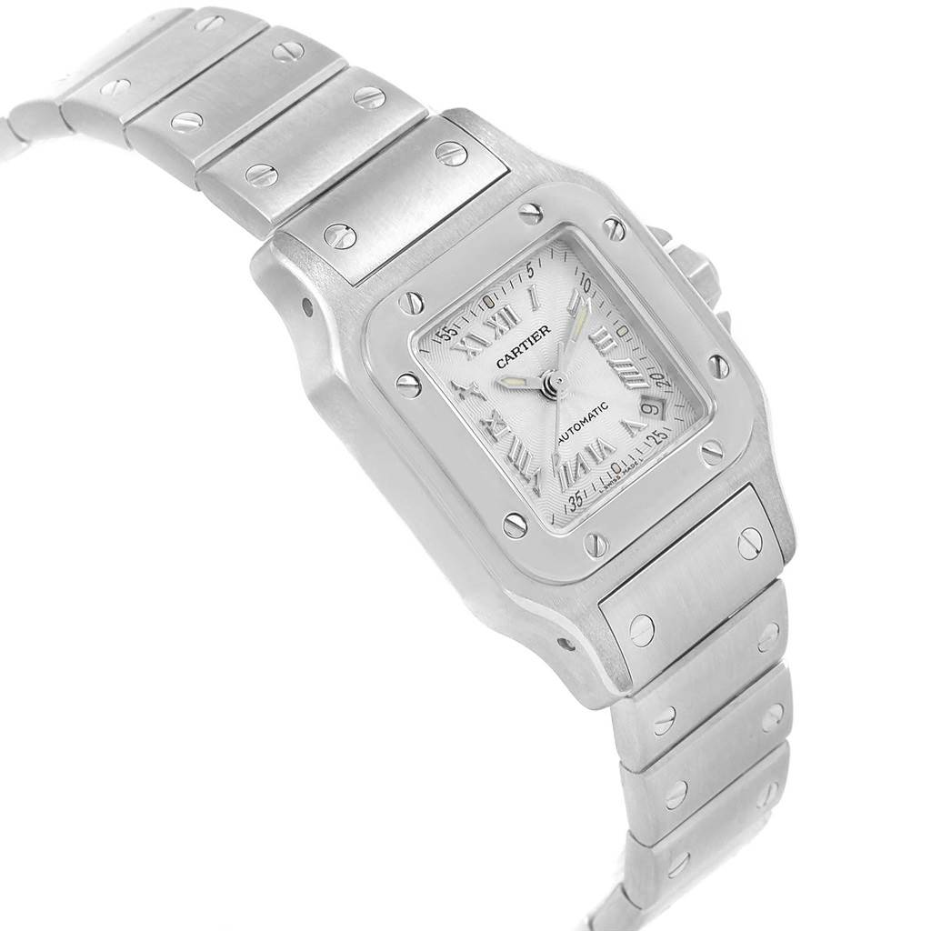 The image shows a Cartier Santos W20044D6 Women's Stainless Steel Silver Dial W20044D6 Women's Stainless Steel Silver Dial watch from a three-quarter angle, highlighting the face, bezel, and metal bracelet.