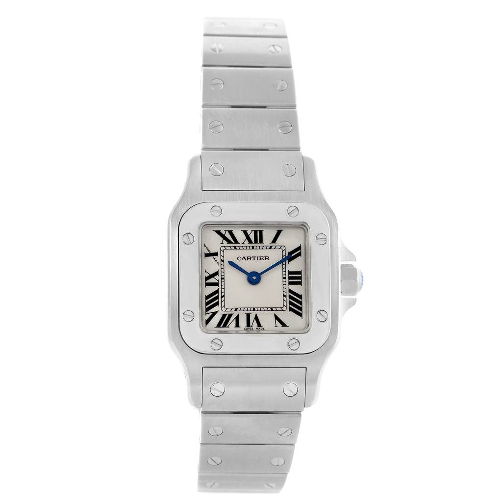 The image shows a front view of a Cartier Santos W20056D6 Women's Stainless Steel Silver Dial W20056D6 Women's Stainless Steel Silver Dial watch displaying its face and part of its stainless steel bracelet.