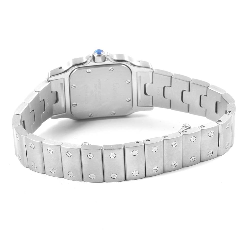 This image shows the back view of the Santos watch by Cartier, focusing on the case back and bracelet.