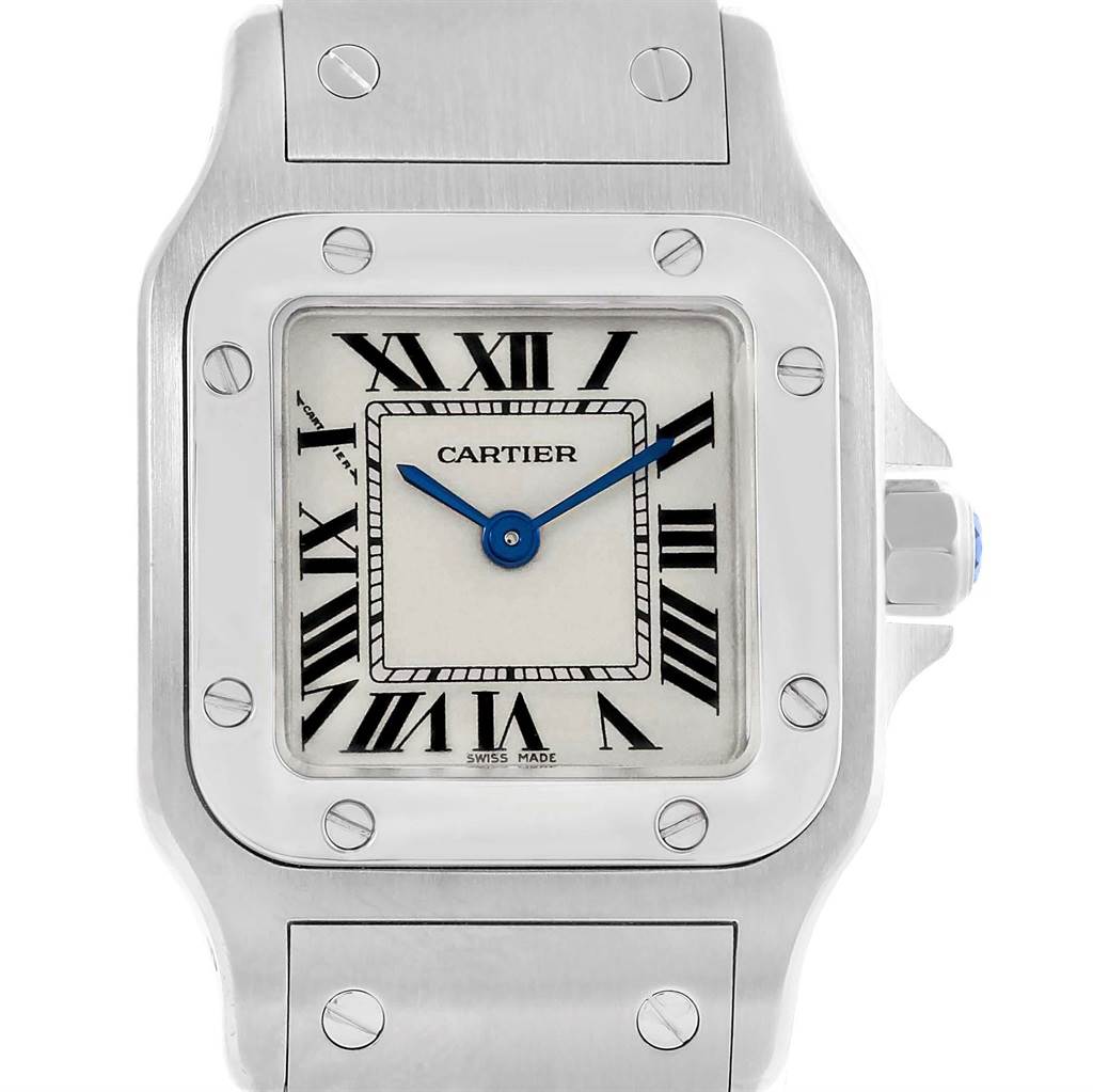 This image shows a front close-up of a Cartier Santos W20056D6 Women's Stainless Steel Silver Dial W20056D6 Women's Stainless Steel Silver Dial watch, highlighting its face, bezel, and part of the bracelet.