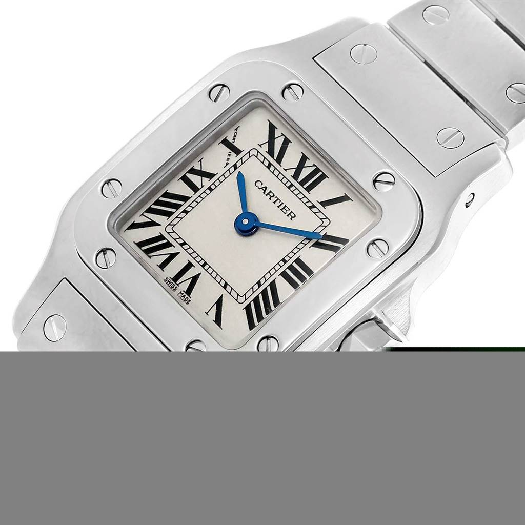 This image shows a close-up angle of the Cartier Santos W20056D6 Women's Stainless Steel Silver Dial W20056D6 Women's Stainless Steel Silver Dial watch, highlighting the face, bezel, and part of the bracelet.