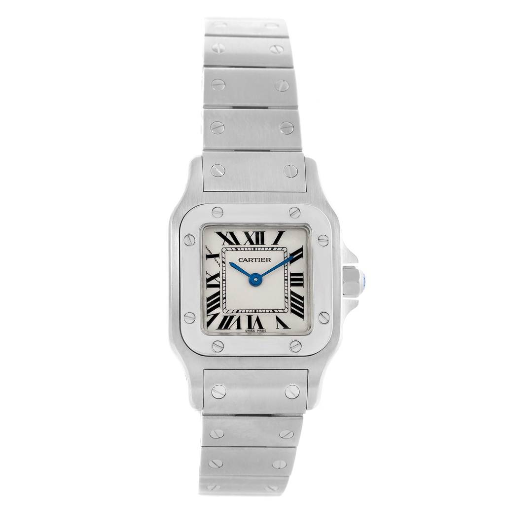 This front view of the Cartier Santos W20056D6 Women's Stainless Steel Silver Dial W20056D6 Women's Stainless Steel Silver Dial watch showcases its square face, Roman numeral dial, and metal bracelet.