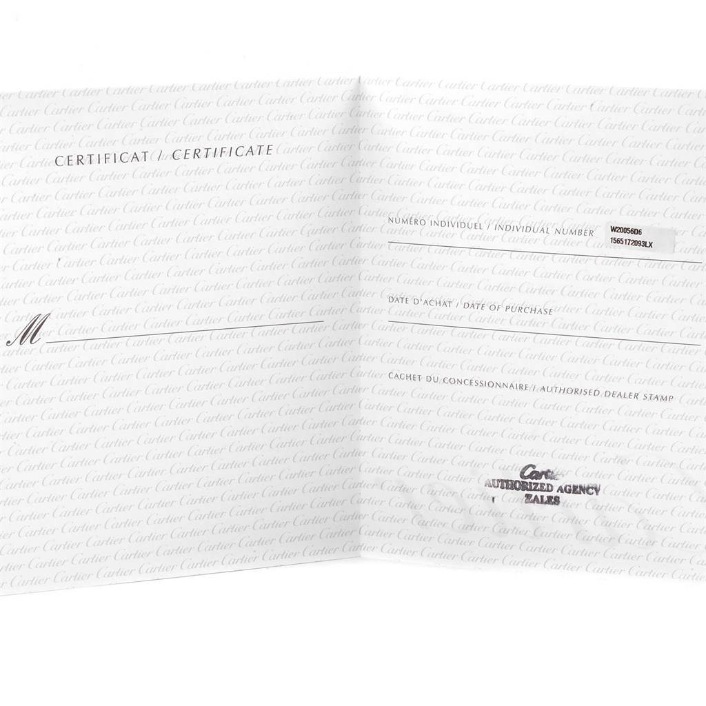 This is the certificate for a Santos model by Cartier, showing fields for the individual number, date of purchase, and dealer stamp.