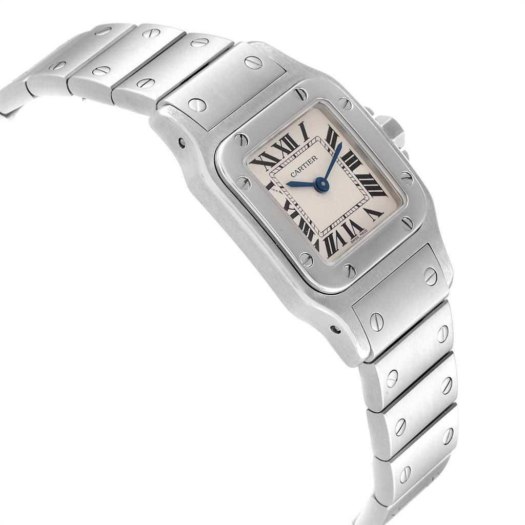 This image shows the Santos watch by Cartier at an angle highlighting its face, bezel, and bracelet.