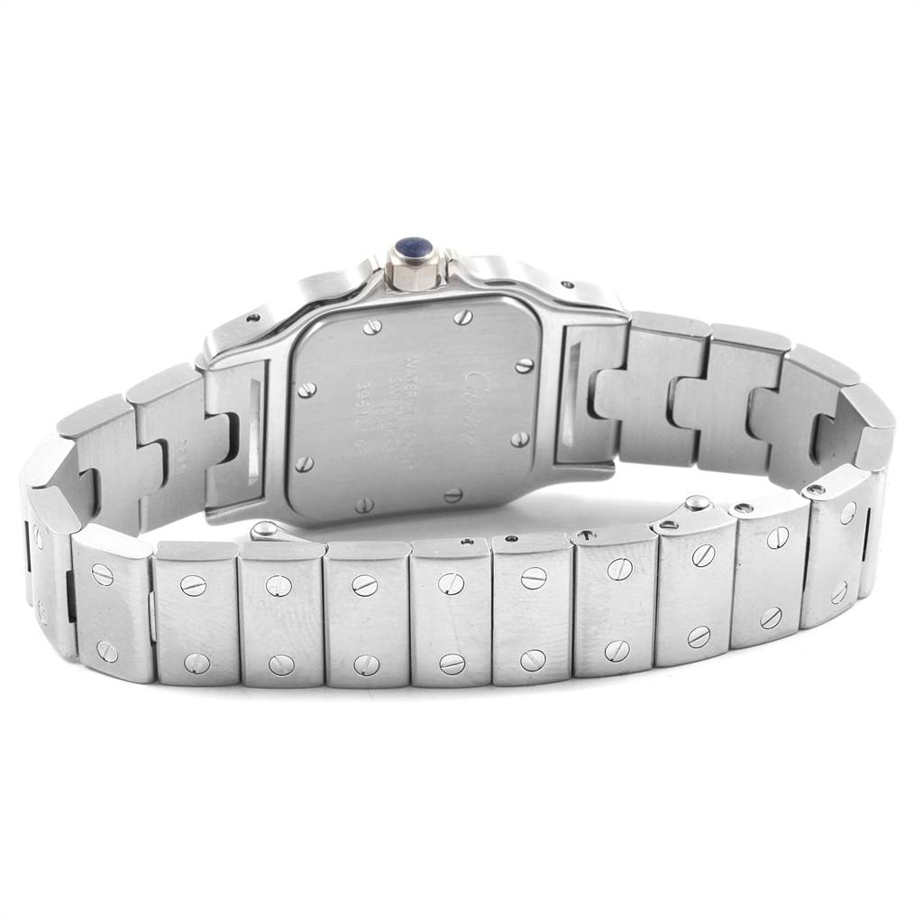 The image shows the back of a Cartier Santos W20056D6 Women's Stainless Steel Silver Dial W20056D6 Women's Stainless Steel Silver Dial watch, highlighting the case and bracelet.