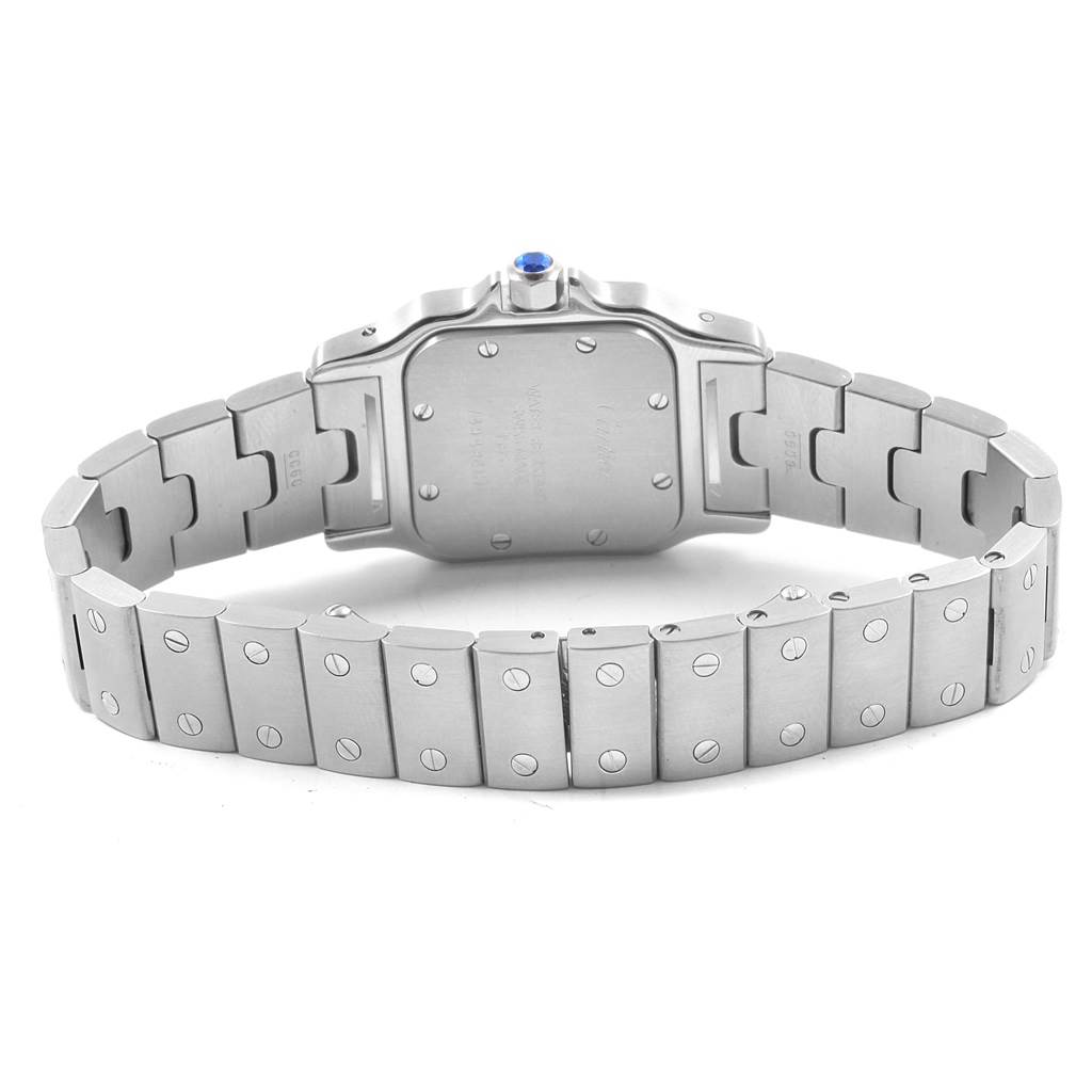 The image shows the back case and bracelet of a Santos model by Cartier, viewed from the rear.