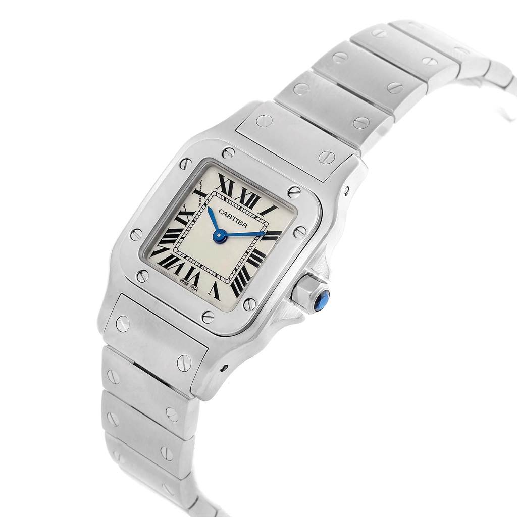 This image shows a Cartier Santos W20056D6 Women's Stainless Steel Silver Dial W20056D6 Women's Stainless Steel Silver Dial watch at a three-quarter angle, displaying the face, bezel, and part of the bracelet.
