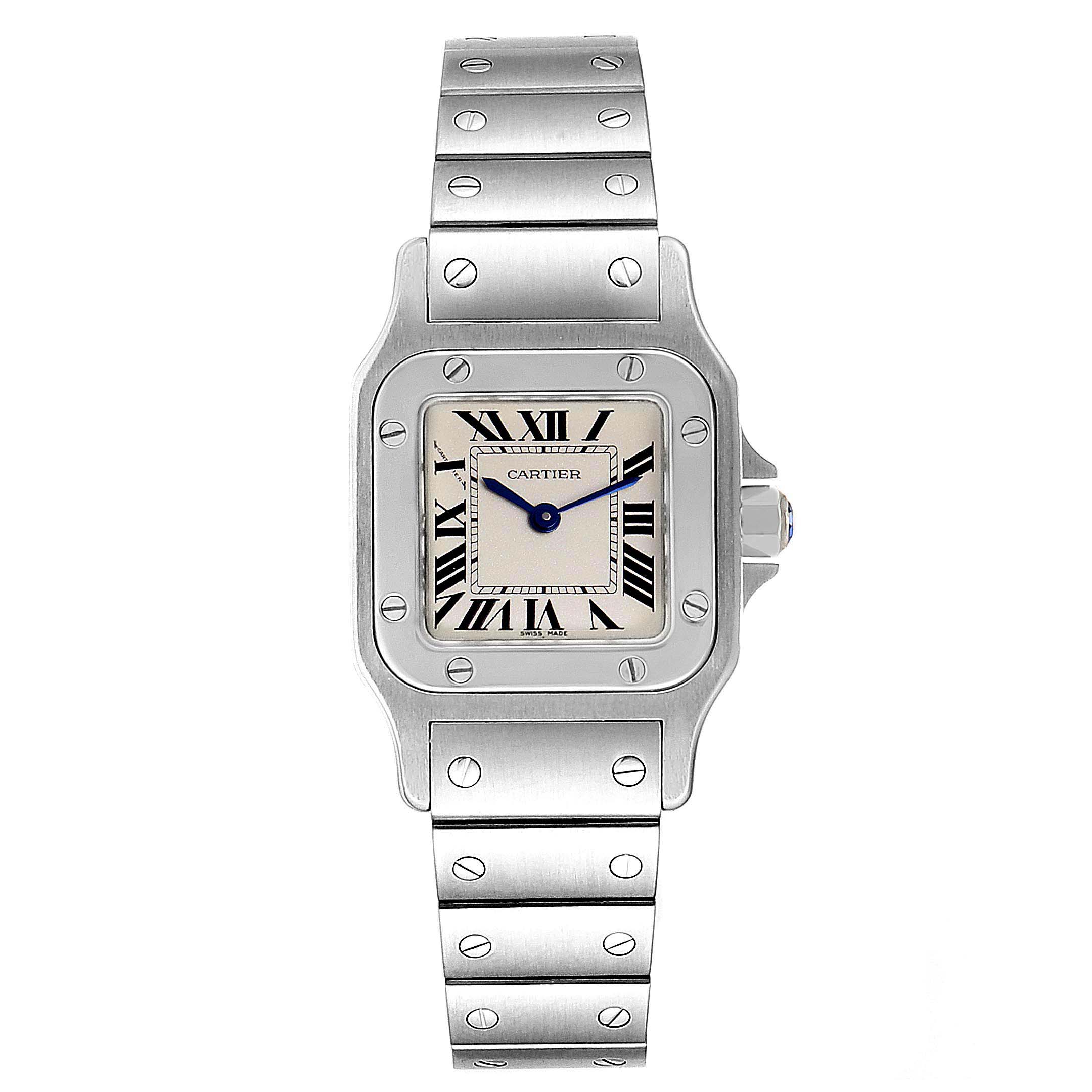 The image shows a frontal view of a Cartier Santos W20056D6 Women's Stainless Steel Silver Dial W20056D6 Women's Stainless Steel Silver Dial watch, highlighting the face, bezel, and part of the bracelet.