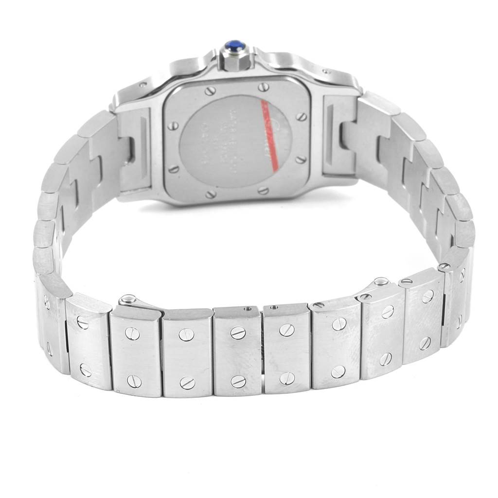 The image shows the rear view of a Cartier Santos W20056D6 Women's Stainless Steel Silver Dial W20056D6 Women's Stainless Steel Silver Dial watch, highlighting the case back and bracelet links.