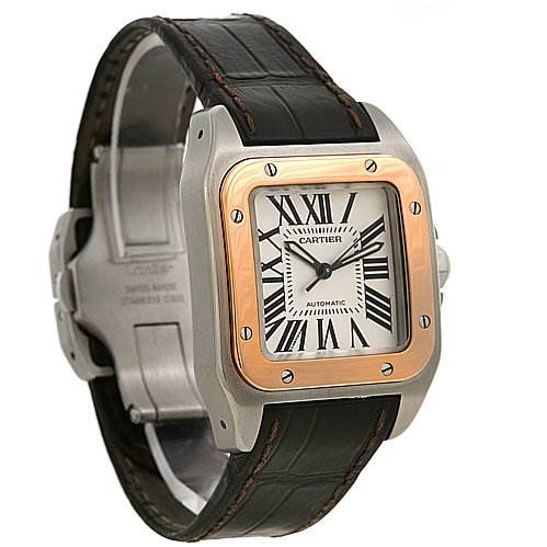cartier santos 100 18kt rose gold and steel midsize watch w20107x7