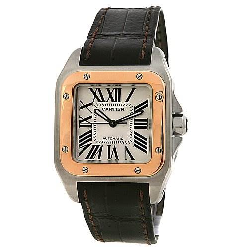 The image shows a Cartier Santos W20107X7 Stainless Steel Silver Dial W20107X7 Stainless Steel Silver Dial model watch, featuring its face, bezel, and leather strap, viewed from the front.