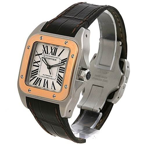 This image shows a Cartier Santos W20107X7 Stainless Steel Silver Dial W20107X7 Stainless Steel Silver Dial watch at a three-quarter angle, featuring the dial, bezel, case, and leather strap.