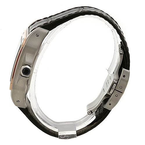 The image shows a Cartier Santos W20107X7 Stainless Steel Silver Dial W20107X7 Stainless Steel Silver Dial watch from a side angle, highlighting the case, crown, and leather strap.