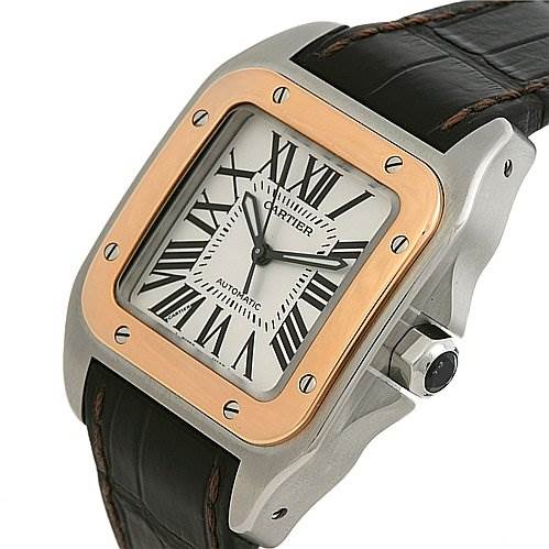 The image shows a Cartier Santos W20107X7 Stainless Steel Silver Dial W20107X7 Stainless Steel Silver Dial watch at a slight angle, highlighting its square face, leather strap, and steel case with screw details.