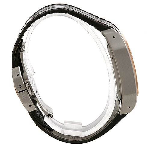 The image shows a side view of the Cartier Santos W20107X7 Stainless Steel Silver Dial W20107X7 Stainless Steel Silver Dial watch case and buckle, emphasizing the thickness and strap attachment.