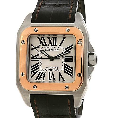 This image shows a front view of the Cartier Santos W20107X7 Stainless Steel Silver Dial W20107X7 Stainless Steel Silver Dial watch, featuring a square face, roman numerals, and a leather strap.