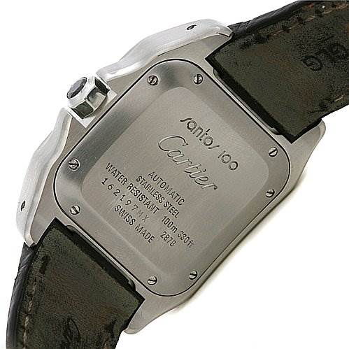 The image shows the back case of a Cartier Santos W20107X7 Stainless Steel Silver Dial W20107X7 Stainless Steel Silver Dial watch, highlighting the engraved details and leather straps.