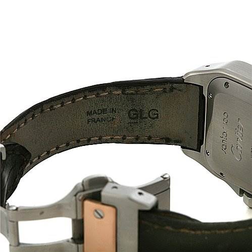 This image shows the inside of the strap and part of the case
s backside on a Cartier Santos W20107X7 Stainless Steel Silver Dial W20107X7 Stainless Steel Silver Dial watch, including the clasp and "Made in France" marking.