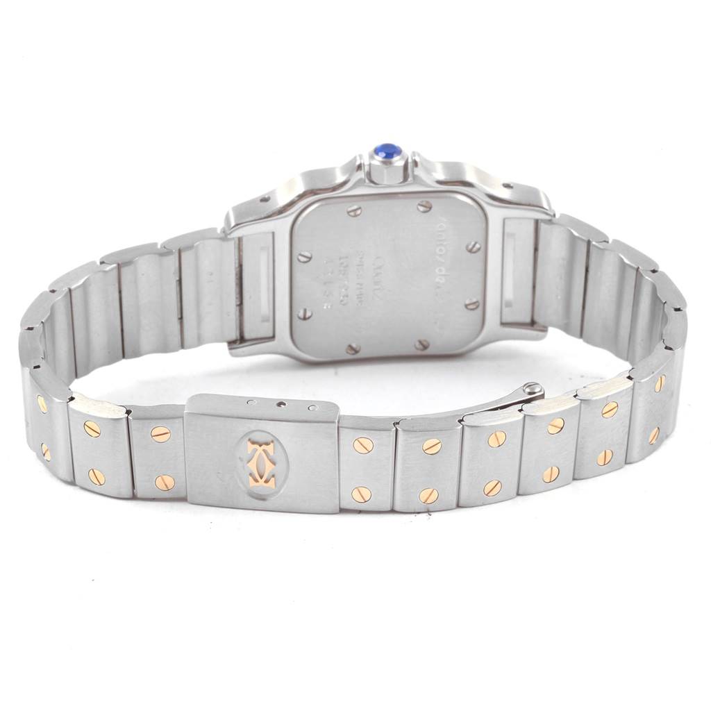 The image shows the back view of a Cartier Santos 1057930 Women's Stainless Steel Silver Dial 1057930 Women's Stainless Steel Silver Dial watch, highlighting its metal bracelet and clasp.