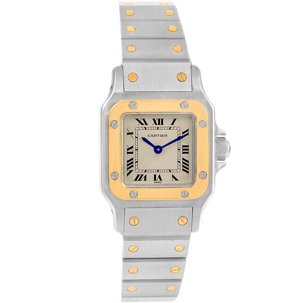 The image shows a frontal view of a Cartier Santos 1057930 Women's Stainless Steel Silver Dial 1057930 Women's Stainless Steel Silver Dial watch with its square dial and two-tone bracelet.