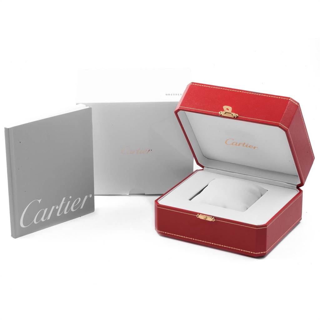 This image shows a Cartier Santos W25065Z5 Women's Stainless Steel Silver Dial W25065Z5 Women's Stainless Steel Silver Dial watch box, packaging, and warranty booklet from a front angle.