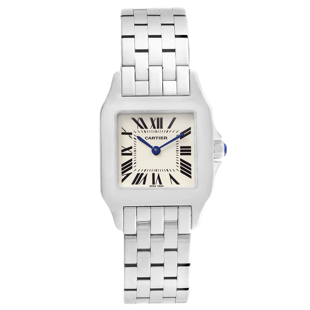 This image shows a front view of a Cartier Santos W25065Z5 Women's Stainless Steel Silver Dial W25065Z5 Women's Stainless Steel Silver Dial watch, displaying its face, Roman numerals, hands, and metal bracelet.