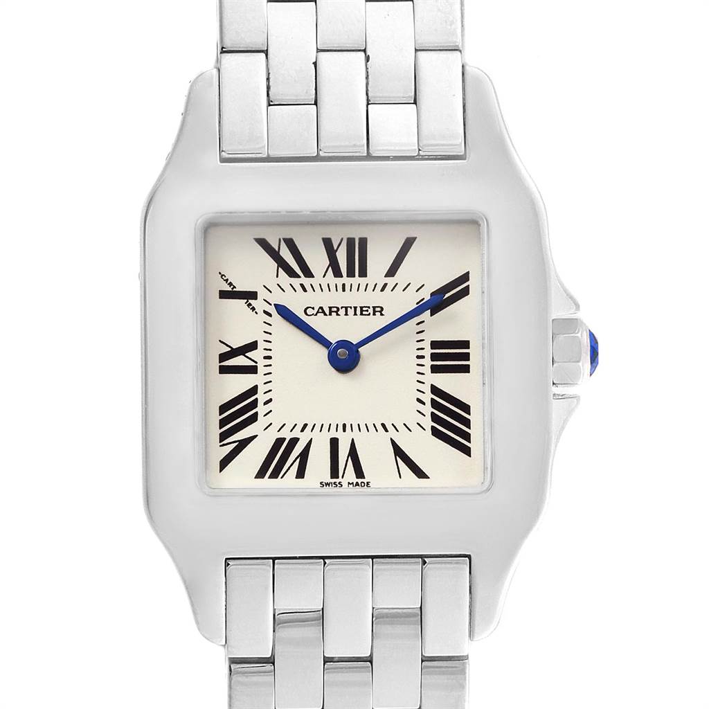 The image shows the dial, bezel, crown, and part of the bracelet of a Cartier Santos W25065Z5 Women's Stainless Steel Silver Dial W25065Z5 Women's Stainless Steel Silver Dial watch from a front angle.