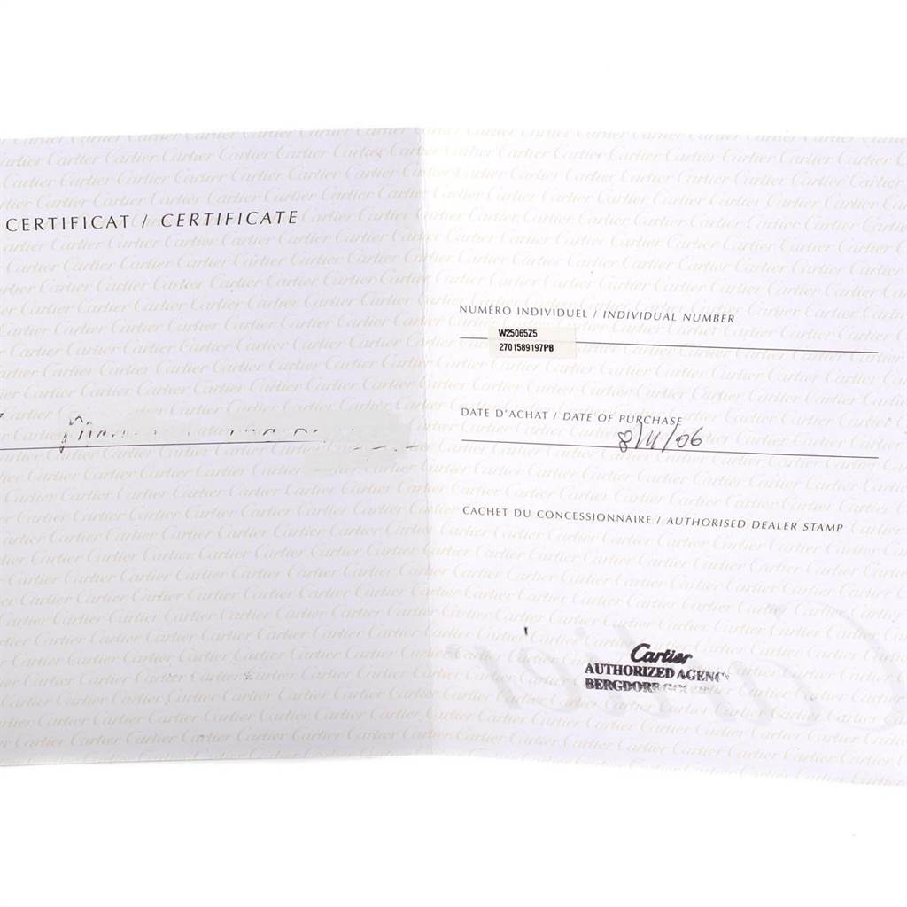 This image shows a certificate of authenticity for a Santos model by Cartier, including purchase date and dealer stamp.