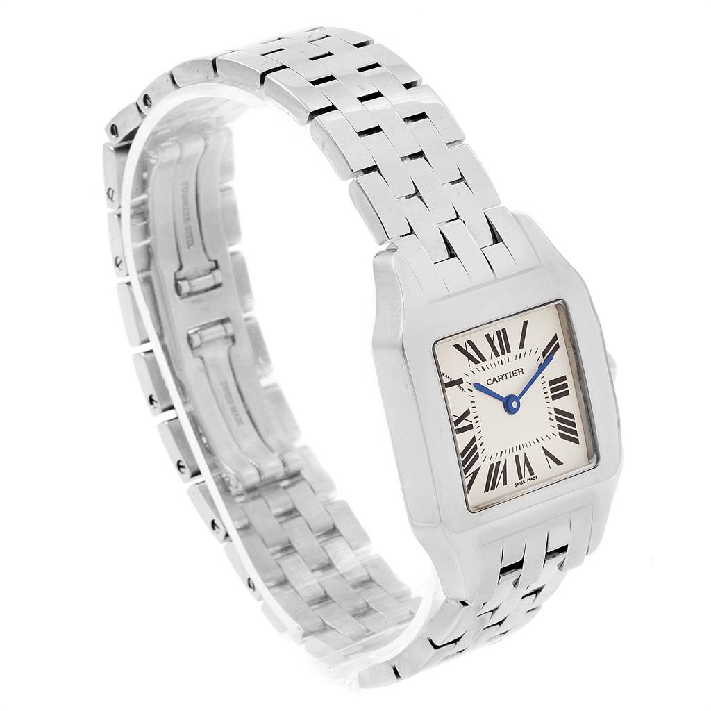 This image shows a Santos model Cartier watch at a slight side angle, featuring the bracelet, case, and dial with Roman numerals.