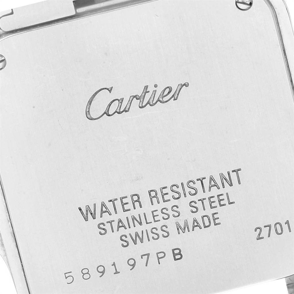 This image shows the case back of a Cartier Santos W25065Z5 Women's Stainless Steel Silver Dial W25065Z5 Women's Stainless Steel Silver Dial watch, highlighting branding and specifications.