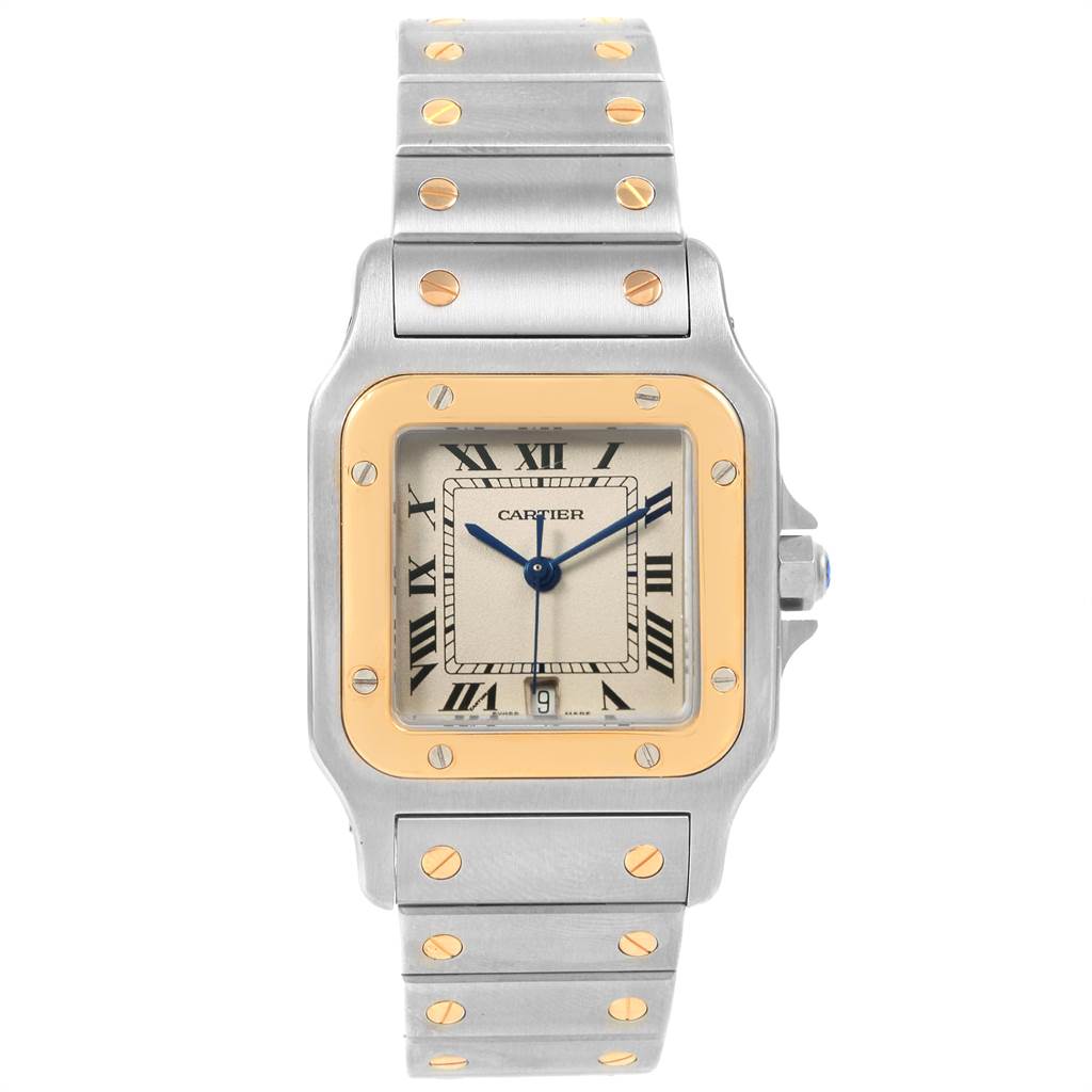 This image shows a frontal view of the Cartier Santos W20011C4 Stainless Steel Silver Dial W20011C4 Stainless Steel Silver Dial watch, highlighting its dial, bezel, and bracelet.