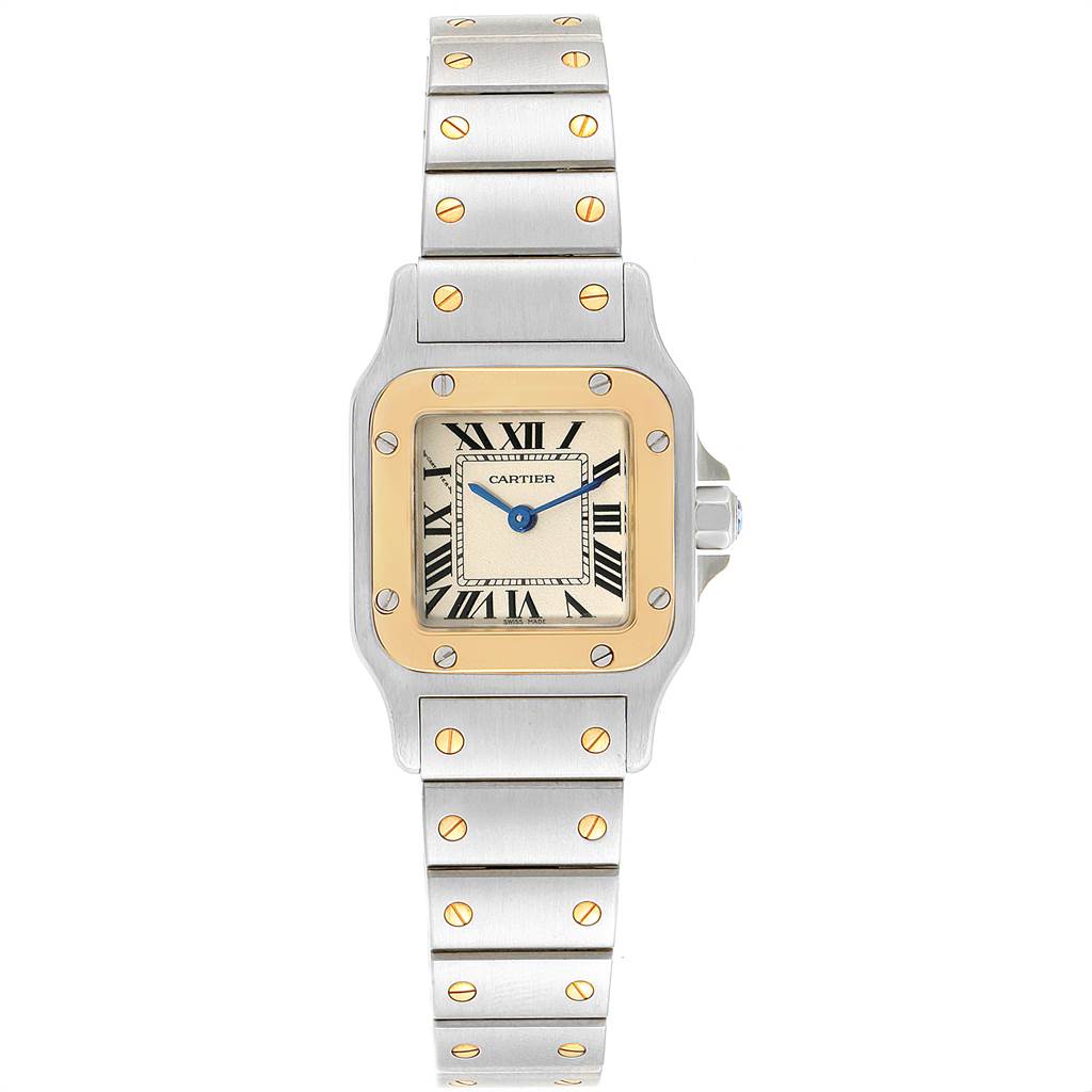 This image shows a front view of the Cartier Santos W20012C4 Women's Stainless Steel Silver Dial W20012C4 Women's Stainless Steel Silver Dial watch featuring its face, bezel, and bracelet.