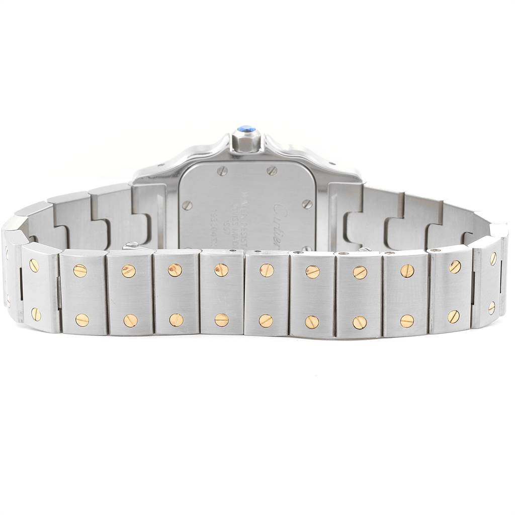 This image shows the back and bracelet of the Santos model by Cartier, featuring a two-tone design with a visible clasp.