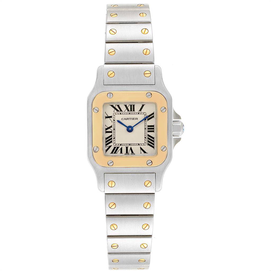 The image shows a frontal view of the Cartier Santos W20012C4 Women's Stainless Steel Silver Dial W20012C4 Women's Stainless Steel Silver Dial watch, highlighting its square case, roman numeral dial, and metal bracelet.