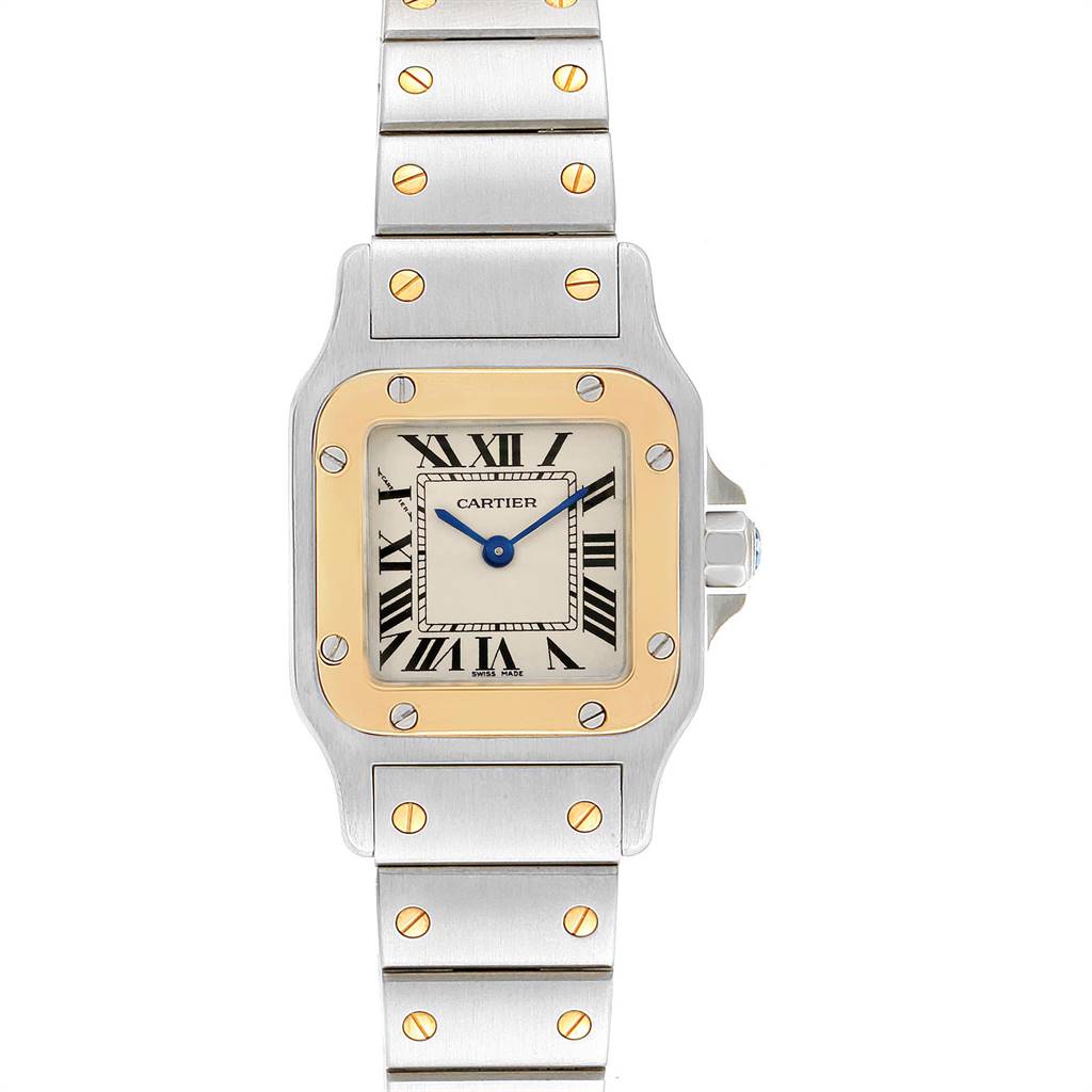 The image shows a front view of a Santos model watch by Cartier, displaying the face, case, and part of the bracelet.