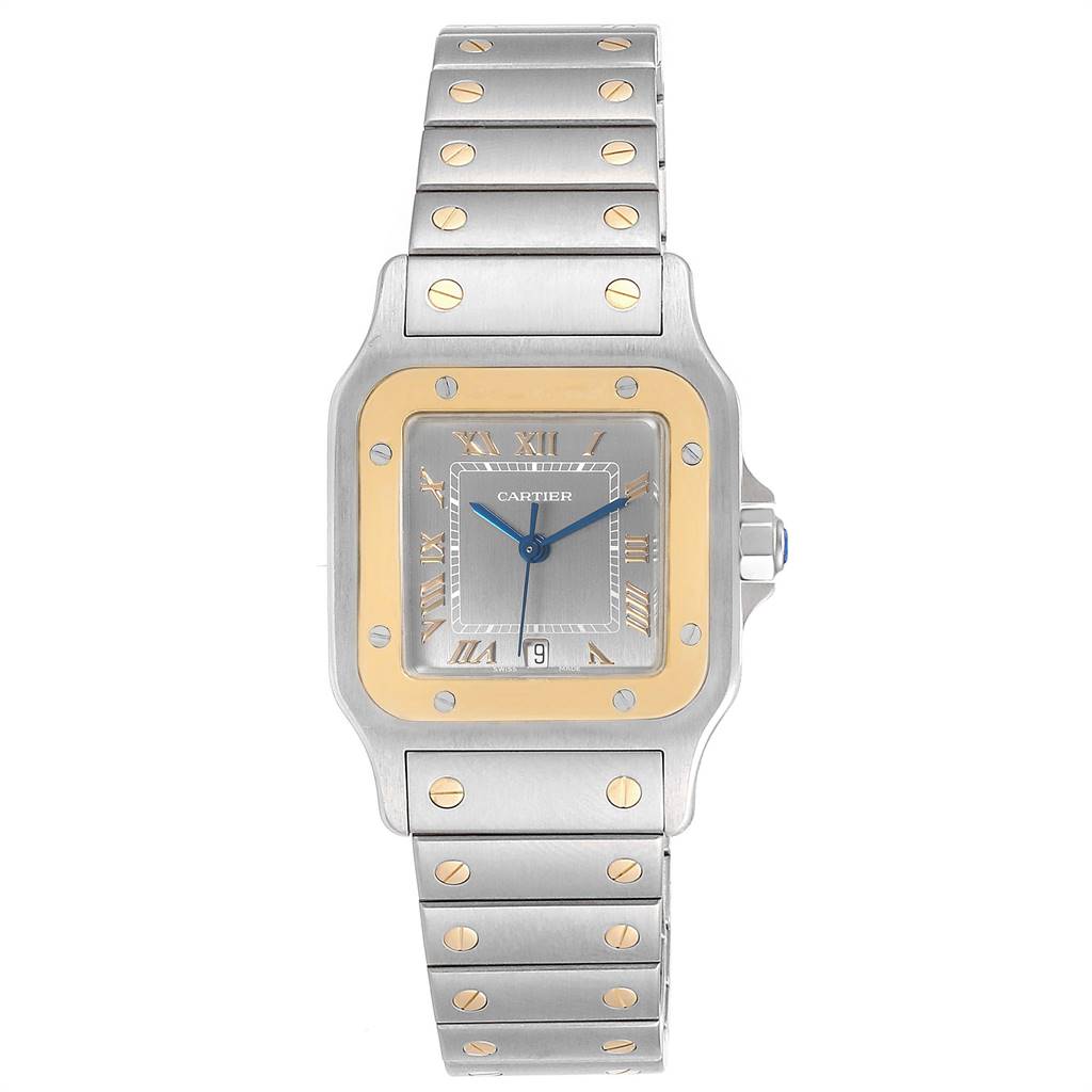 This image shows a full frontal view of the Santos model watch by Cartier, highlighting the face and bracelet.