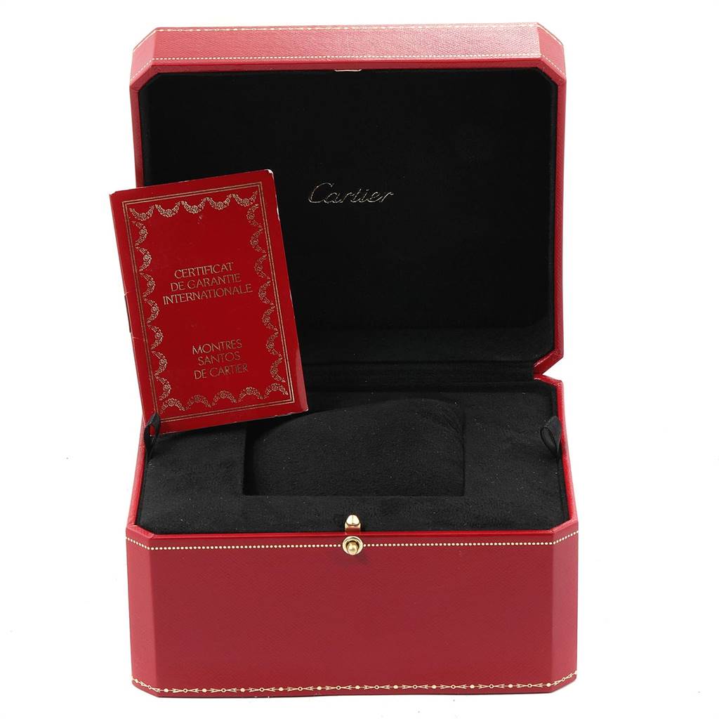 The image shows an open red Cartier box for the Santos model watch, including a warranty certificate.