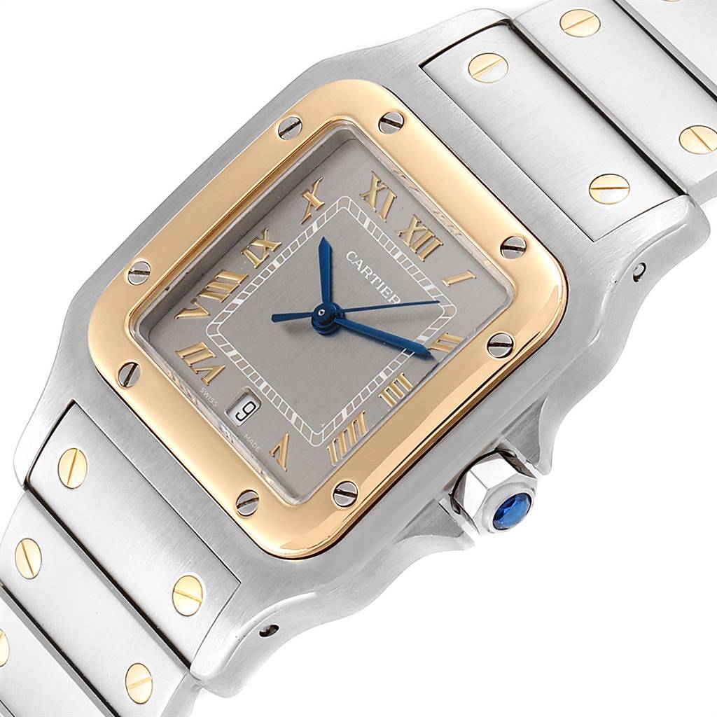 This Cartier Santos 1566 Stainless Steel Grey Dial 1566 Stainless Steel Grey Dial watch is shown at an angle highlighting the face, bezel, and part of the bracelet.