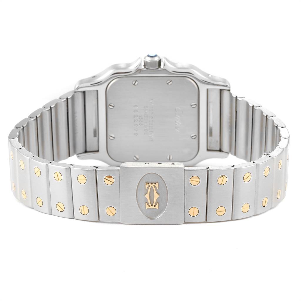 The image shows a Cartier Santos 1566 Stainless Steel Grey Dial 1566 Stainless Steel Grey Dial watch from the back, highlighting the bracelet and clasp with screw details.