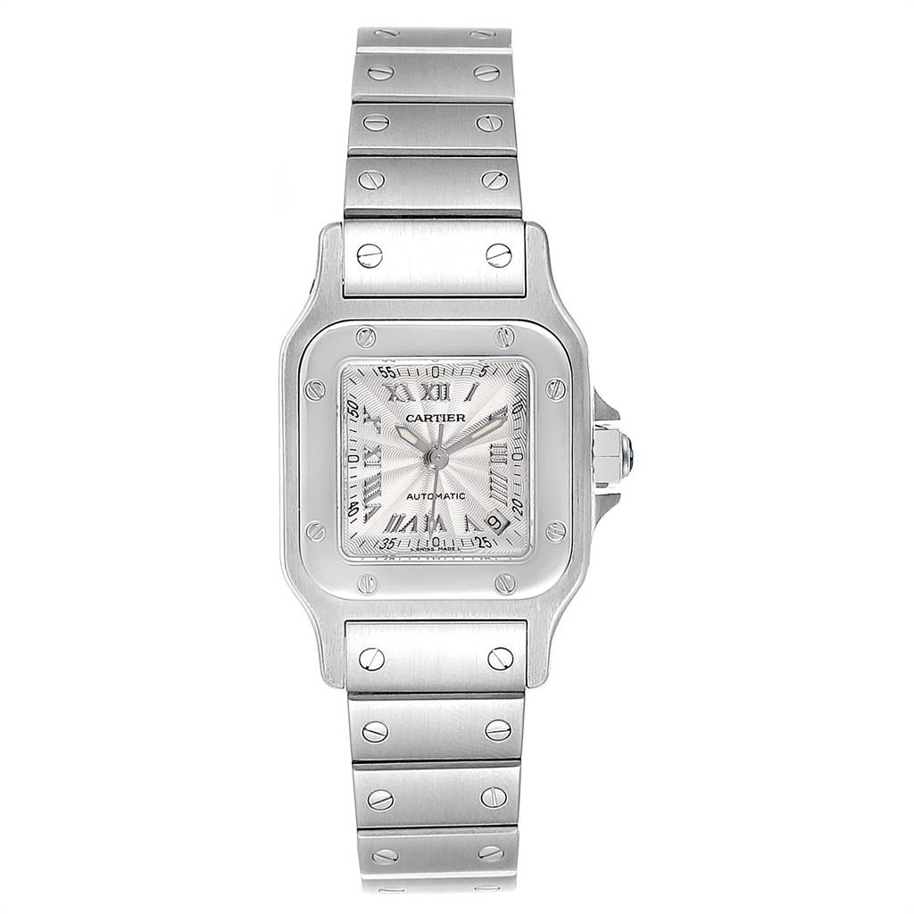 This is a frontal view of a Cartier Santos W20044D6 Women's Stainless Steel Silver Dial W20044D6 Women's Stainless Steel Silver Dial watch, showing the face, bezel, and bracelet.