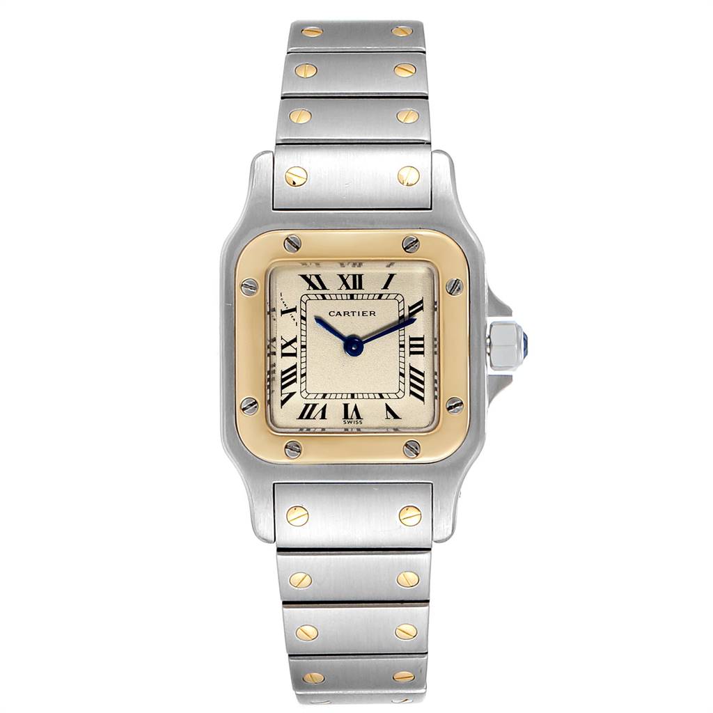 This image shows a Cartier Santos 166930 Women's Stainless Steel Silver Dial 166930 Women's Stainless Steel Silver Dial watch from a straight-on angle, highlighting the face, bezel, and bracelet.
