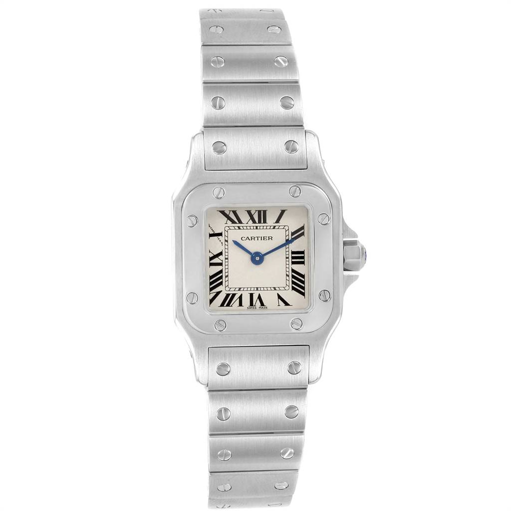 This image shows a front view of the Cartier Santos W20056D6 Women's Stainless Steel Silver Dial W20056D6 Women's Stainless Steel Silver Dial watch, featuring its face and metal bracelet.