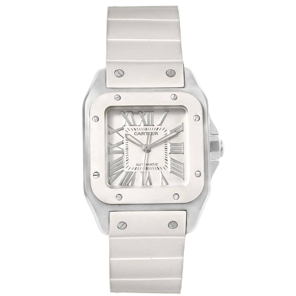 The image shows a front view of the Santos model watch by Cartier, highlighting its square face and metal bracelet.
