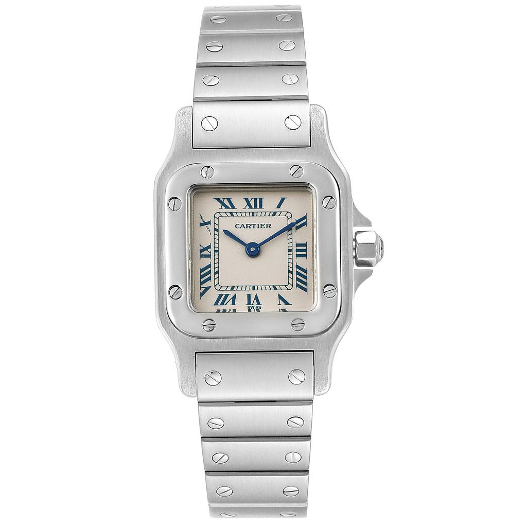 The image shows a front view of the Cartier Santos 1565 Women's Stainless Steel Silver Dial 1565 Women's Stainless Steel Silver Dial watch, displaying its face, bezel, and metal bracelet.
