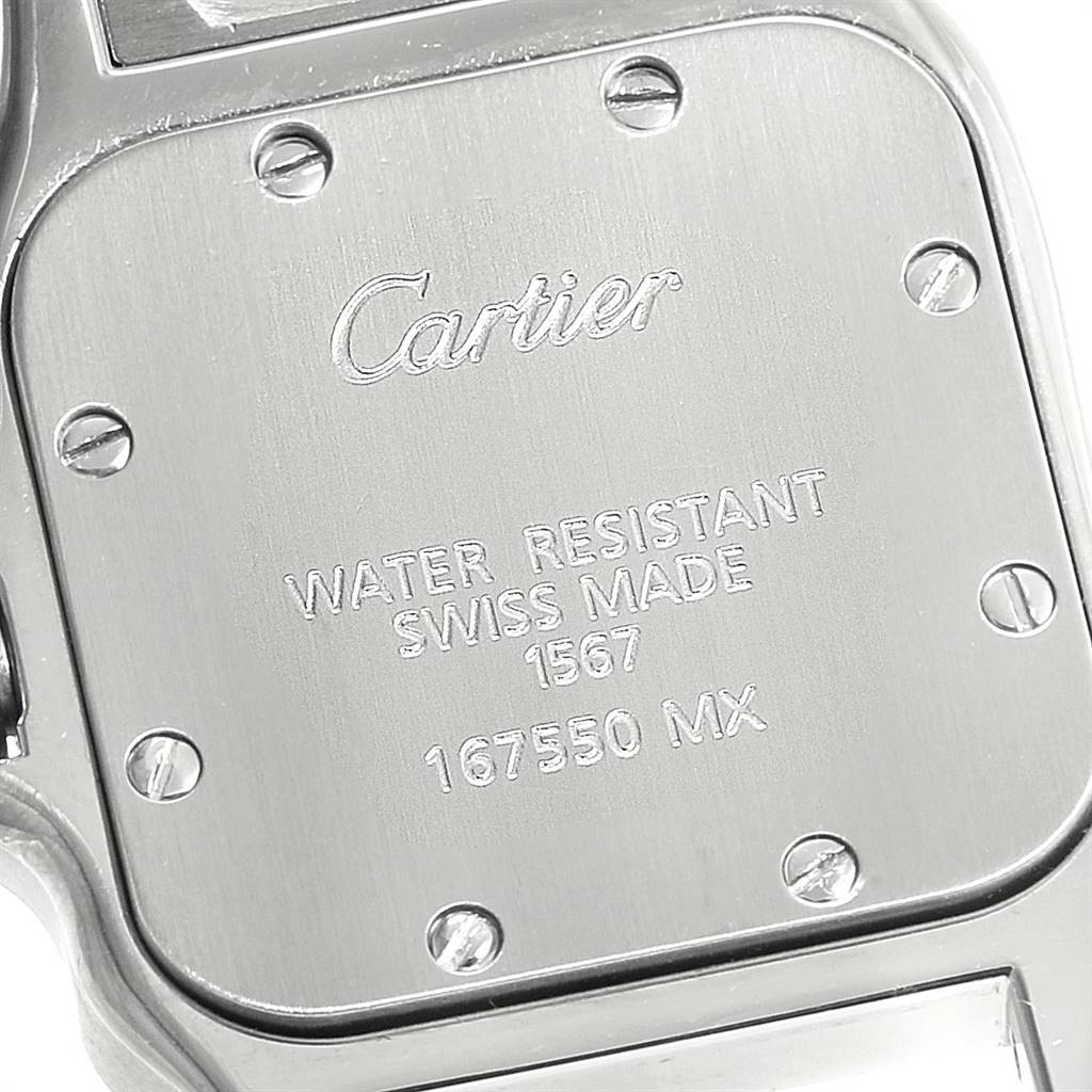 This image shows the back case of a Cartier Santos W20012C4 Stainless Steel Silver Dial W20012C4 Stainless Steel Silver Dial watch, featuring the brand name, model details, and water resistance information.
