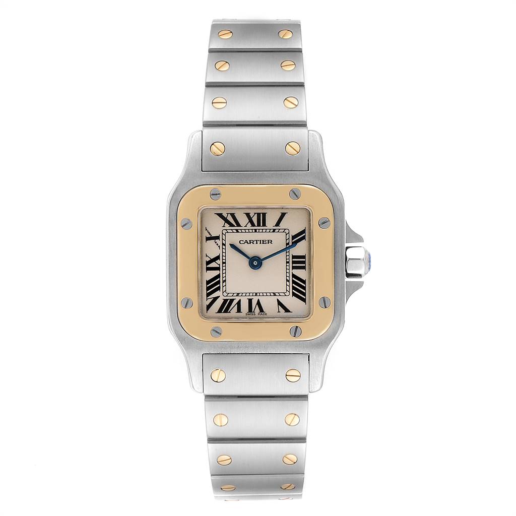 The image shows a front view of the Cartier Santos W20012C4 Stainless Steel Silver Dial W20012C4 Stainless Steel Silver Dial watch, highlighting its face, bezel, and bracelet.